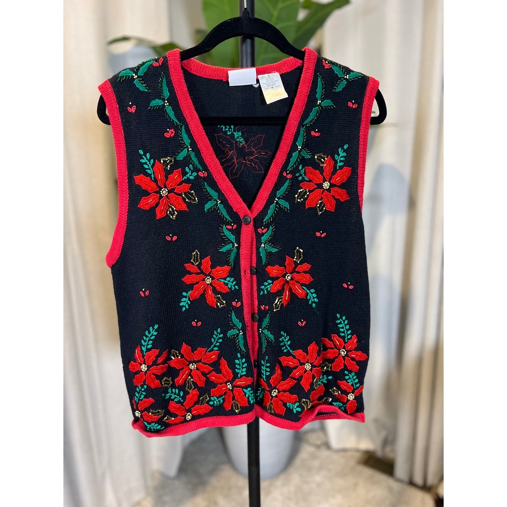 Bobbie Brooks Poinsettia Christmas Sweater Vest Beaded Floral Black Red Medium
